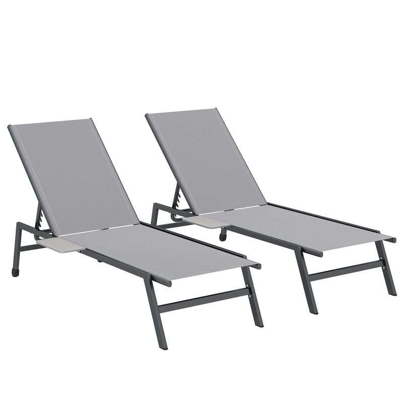 Outsunny Sun Loungers Set of 2 with Side Tray Table, Garden Recliners with 5-Position Adjustable Backrest, 2 Wheels, Grey AOSOM