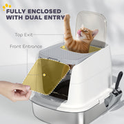 Large Stainless Steel Enclosed Cat Litter Box With Scoop Top Exit Design Grey