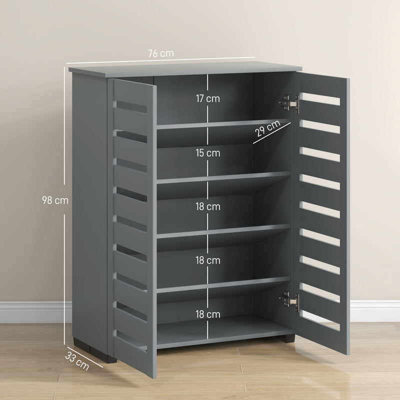 Grey Shoe Storage Cabinet For Hallway With Adjustable Shelves, Slatted Doors, Holds 15 Pairs