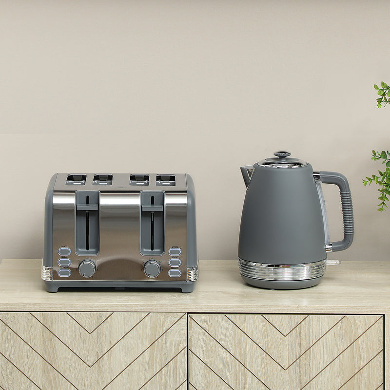 Stainless Steel Kettle and 4 Slice Toaster Set with Rapid Boil and Browning Control, Grey