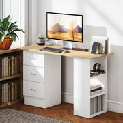 Computer Desk with 3 Storage Shelves and Drawers for Home Office Organisation, Natural Wood White