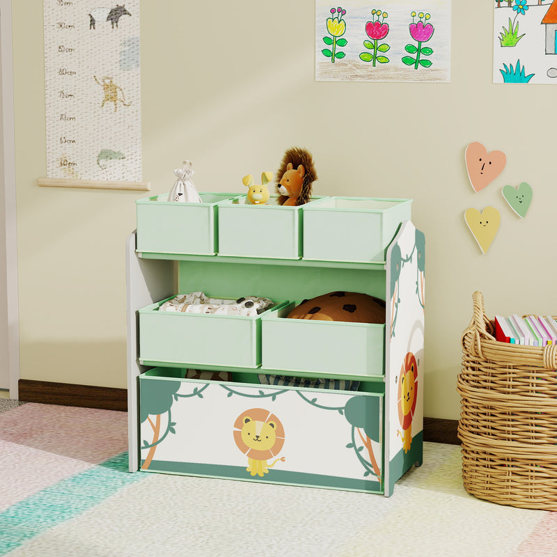 3 Tier Kids Toy Storage Unit With 6 Removable Bins For Bedroom Or Playroom Green 63 x 30 x 66cm