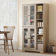 Multi Storage Kitchen Cabinet With Glass Doors And Adjustable Shelves For Home Use Grey