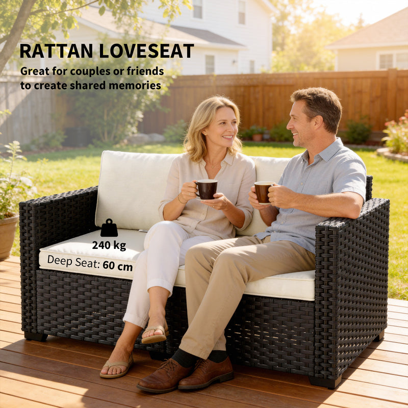 2 Seater Rattan Garden Sofa with Cushions for Comfortable Outdoor Relaxing Black Cream White Outsunny