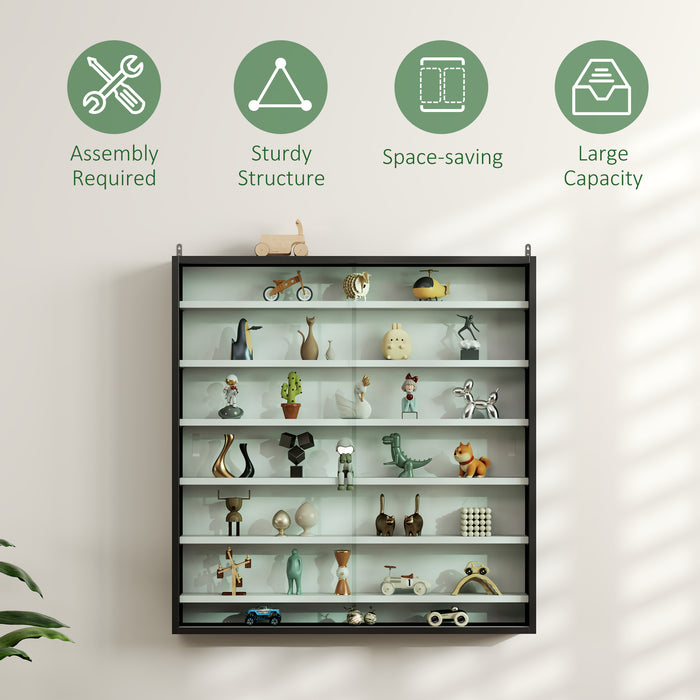 Black and White 7 Tier Wall Display Cabinet with Glass Doors and Adjustable Shelves by HOMCOM