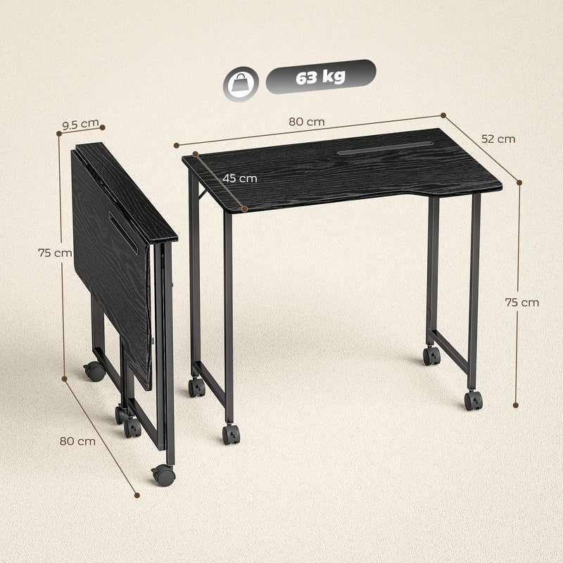 Compact Folding Desk on Wheels with Storage Shelf for Home Office or Study Black AOSOM