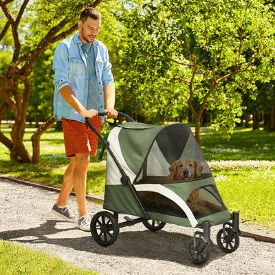 Dark Green Folding Pet Stroller for Large Dogs with Shock Absorb Frame and Safety Leashes by PawHut AOSOM
