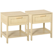 Set of 2 Bedside Tables with Rattan Drawers and Storage Shelf for Bedroom Natural