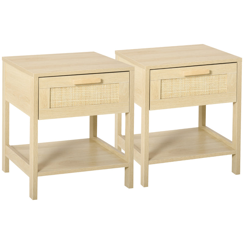 Set of 2 Bedside Tables with Rattan Drawers and Storage Shelf for Bedroom Natural
