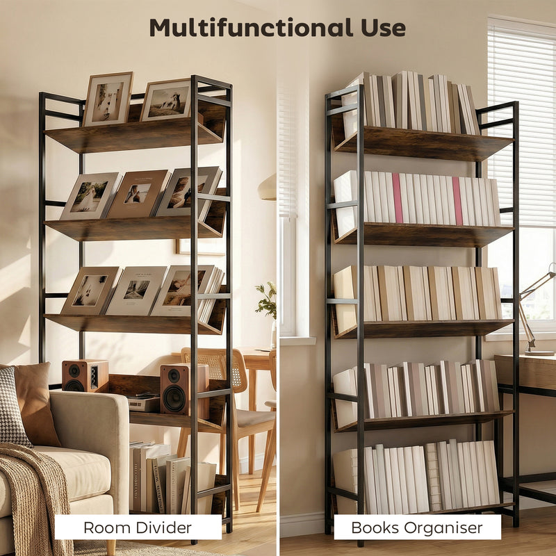 Bookcase and Room Divider with Five Secure Shelves for Organised Living Rustic Brown Black AOSOM