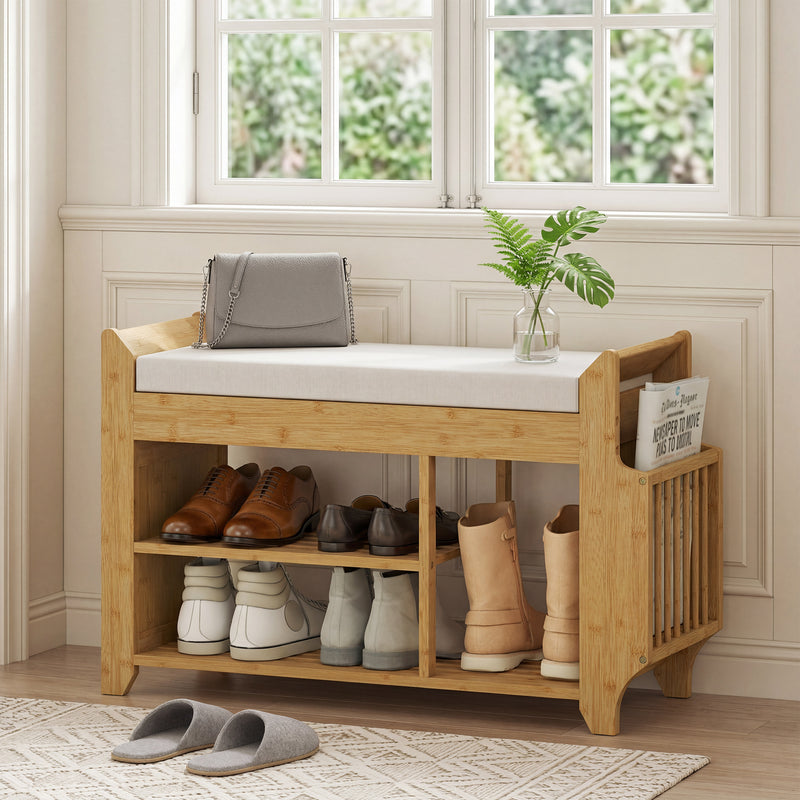 Hallway Shoe Storage Bench with Padded Seat and Side Compartment for Narrow Spaces Natural Cream