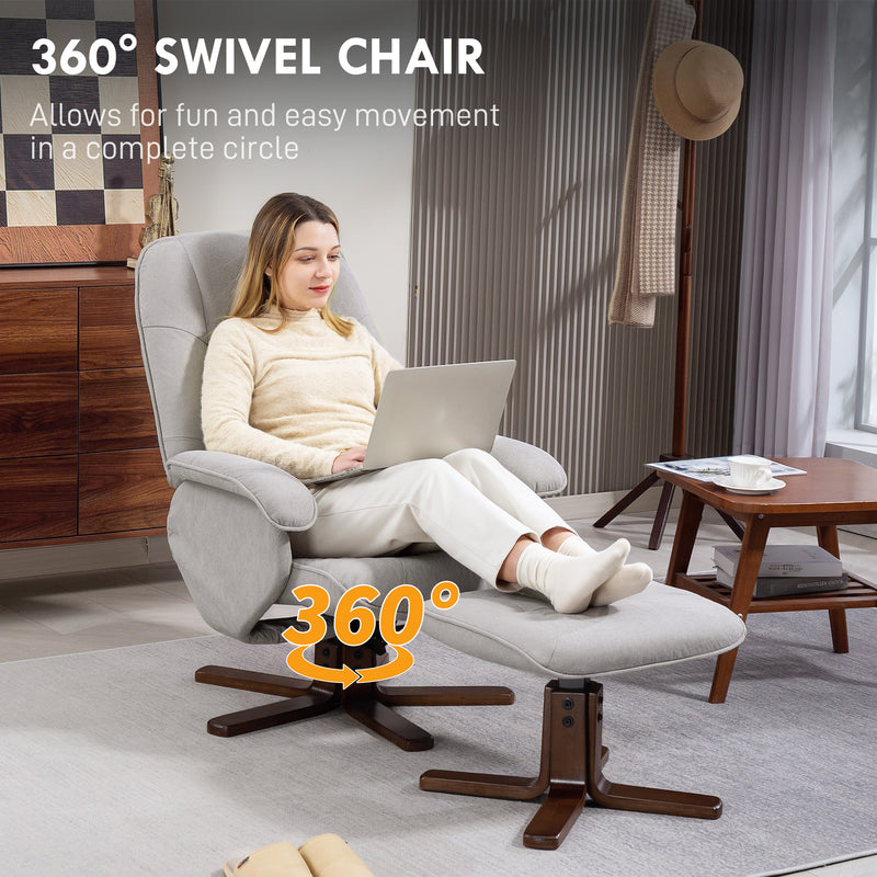 Light Grey Linen Swivel Recliner Chair with Footstool and Wooden Base for Living Room by HOMCOM