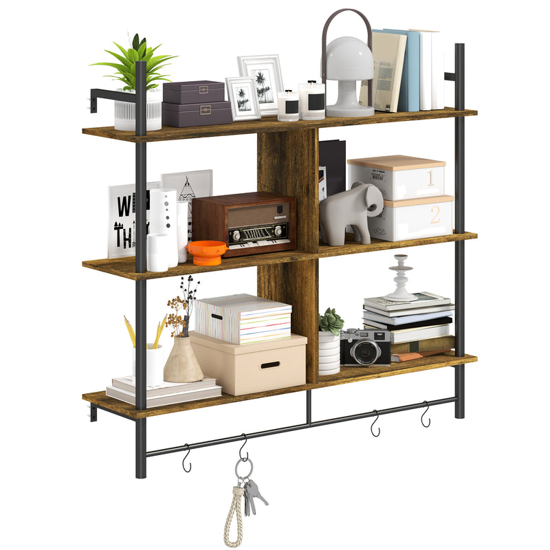 Three Tier Floating Wall Shelf Brown and Black Wood Finish by HOMCOM