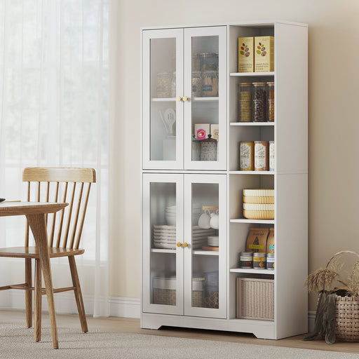 Multi Storage Kitchen Cabinet with Glass Doors and Shelves for Organised Cooking Space White