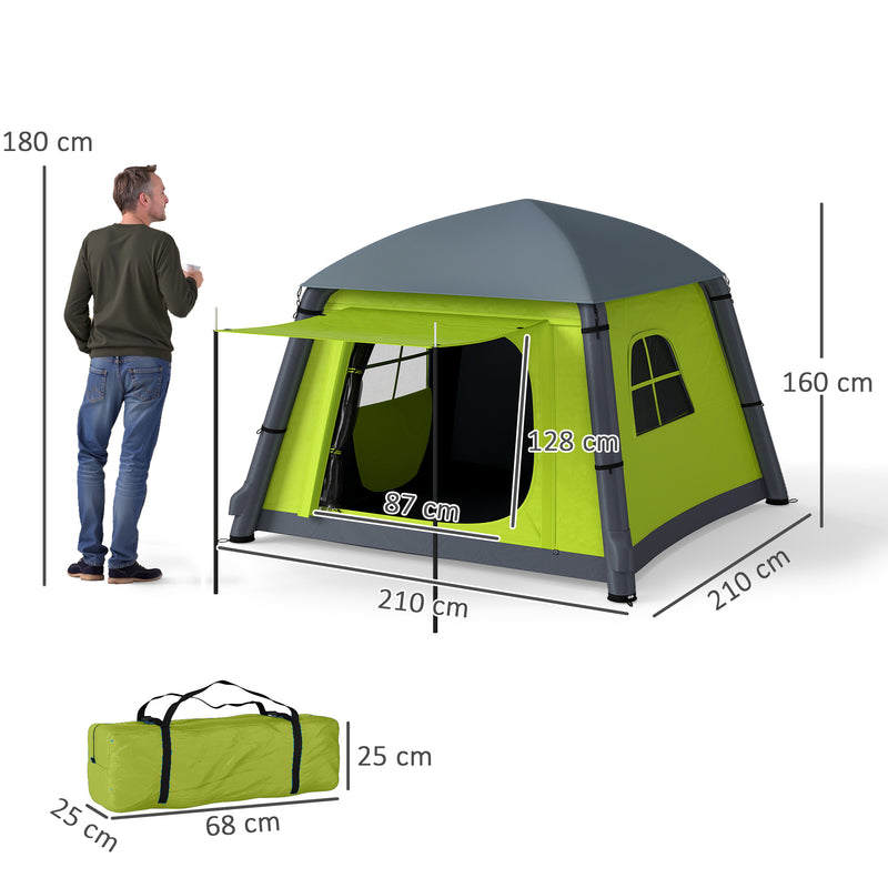 Inflatable 2 Person Camping Tent Quick Setup Waterproof Shelter With Mesh Windows Green