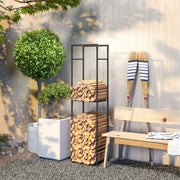 Heavy Duty Metal Firewood Log Rack With Adjustable Shelf For Indoor Outdoor Use Black