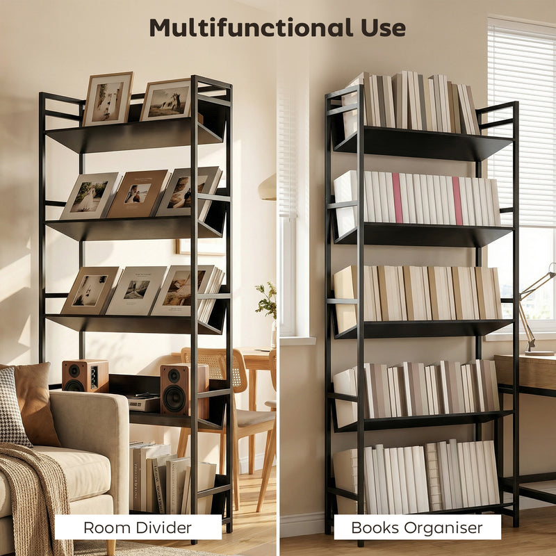 5 Tier Bookcase and Room Divider with Anti Fall Shelves for Organised Storage Black AOSOM