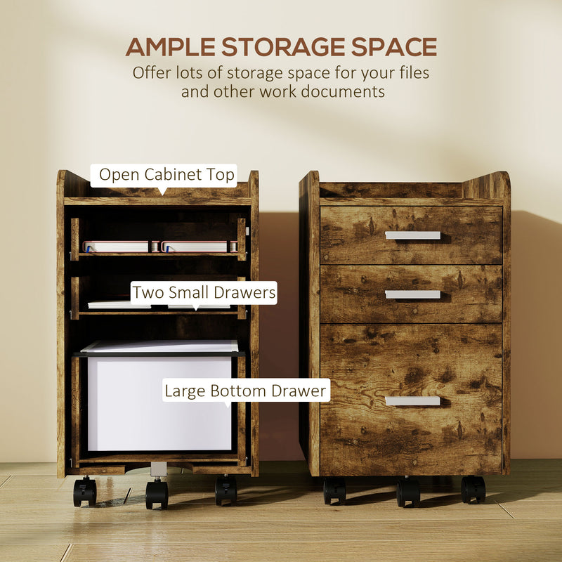 3 Drawer Mobile Filing Cabinet With Hanging File Storage And Edged Top Rustic Brown AOSOM