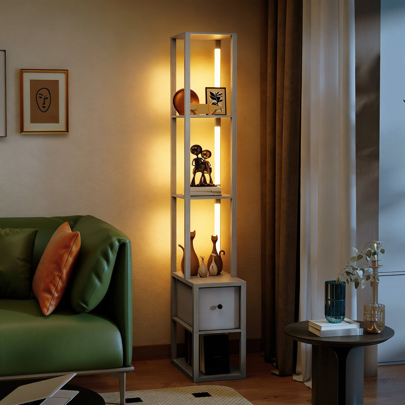 Floor Lamp with Shelves and Adjustable LED for Space Saving Storage