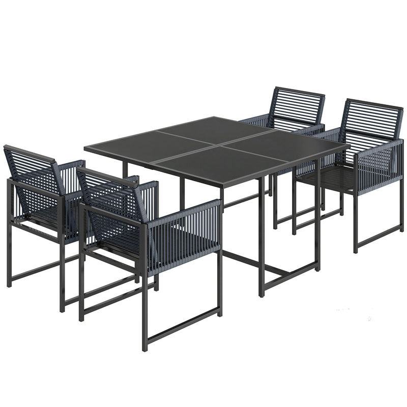 5 Piece Garden Dining Set for 4 with Foldable Chairs and Tempered Glass Table, Grey Outsunny