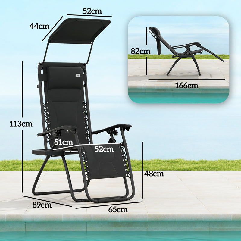 Set of 2 Black Zero Gravity Outdoor Lounger Chairs With Shade Cup Holder and Padded Seat by Outsunny