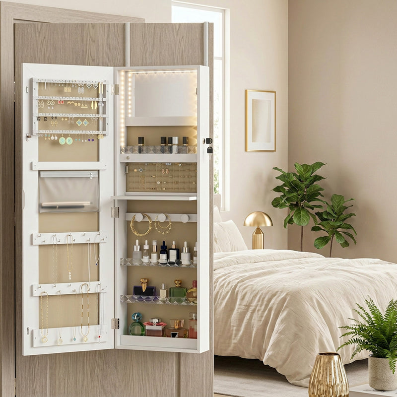 Jewellery Storage Cabinet with Full Length Mirror and LED Lights Wall or Door Mounted White