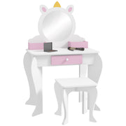 Kids Unicorn Dressing Table Set With Mirror And Stool Ideal For Bedroom Play White