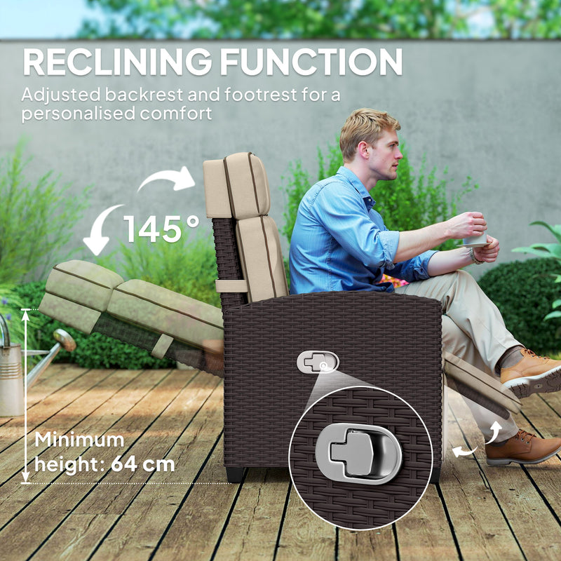 Rattan Garden Recliner Chair With Adjustable Backrest Cushion and Footrest by Outsunny