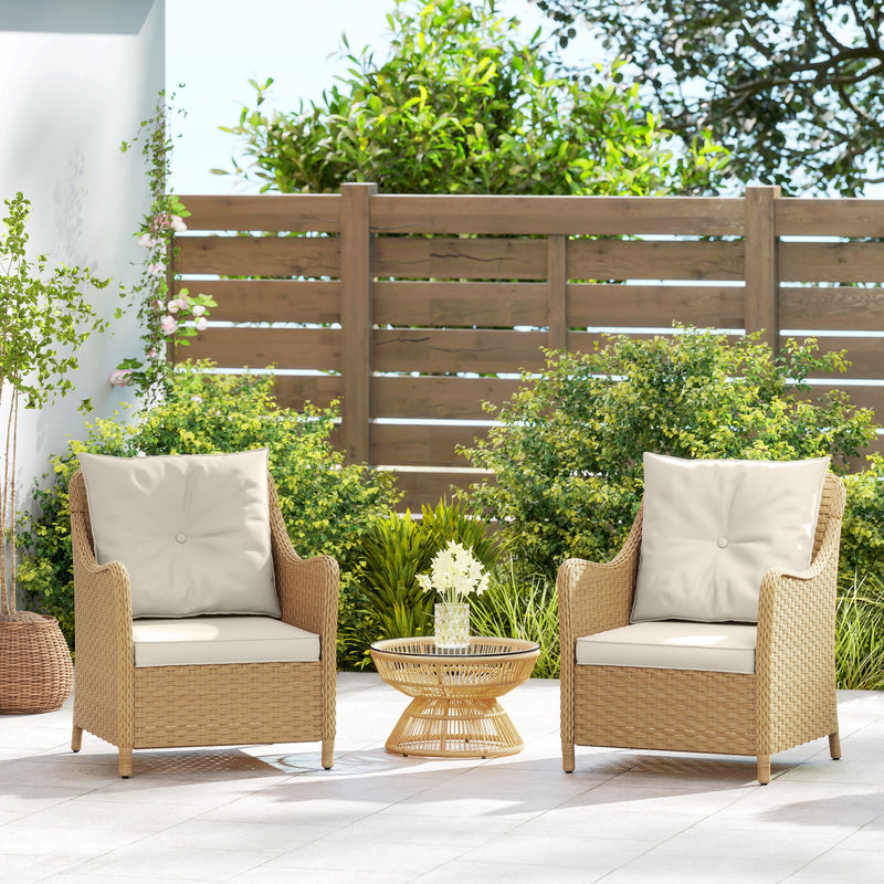 Set of 2 Rattan Garden Armchairs With Cushions and High Backs for Patio or Balcony, Beige