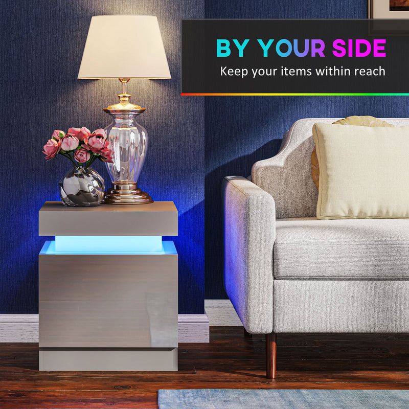 Bedside Table with Adjustable LED Lighting and Two Drawers for Organised Bedroom Storage Grey