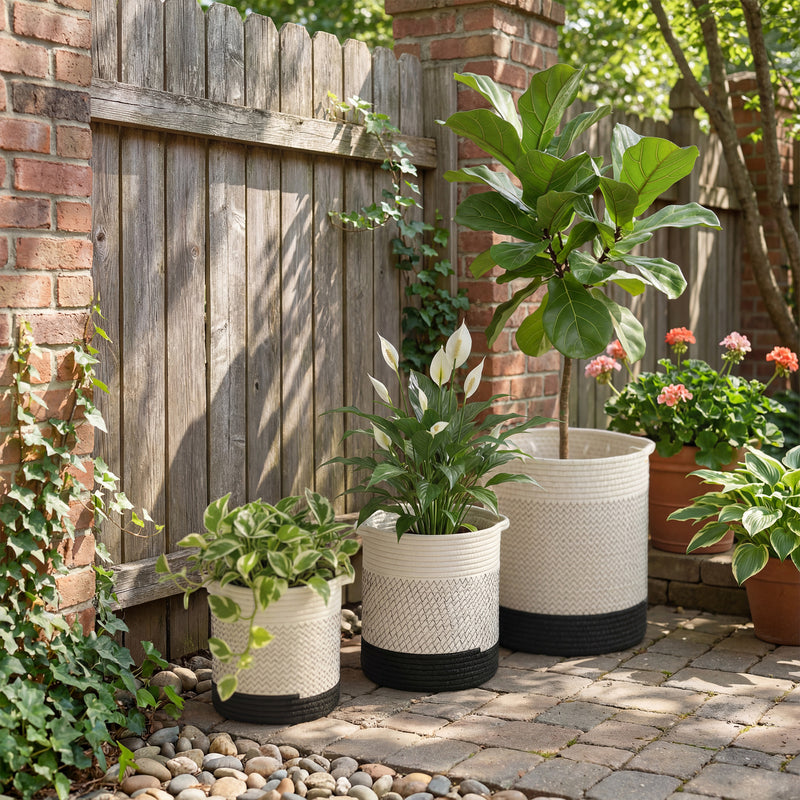 Set of 3 Handwoven Cotton Rope Plant Pots with Waterproof Liner for Indoor or Outdoor Use White AOSOM