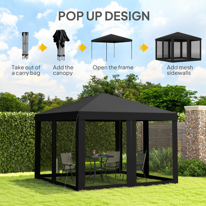 Black 3 x 3m Pop Up Gazebo with Mesh Sidewalls and Carry Bag for Garden and Outdoor by Outsunny