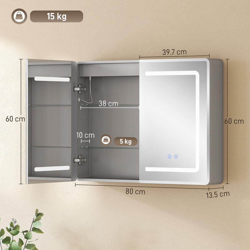Bathroom Mirror Cabinet with Adjustable LED Lights and Demister Pad for Organised Storage Silver