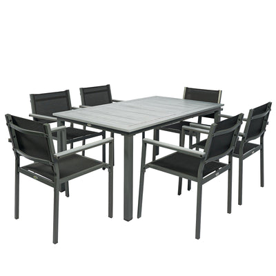 Garden Dining Set for 6 with Stackable Chairs and Wipe Clean Table, Grey & Black Outsunny