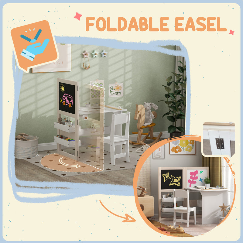 3 in 1 Kids Table and Chair Set with Storage and Drawing Board for Ages 3 to 8 White AOSOM