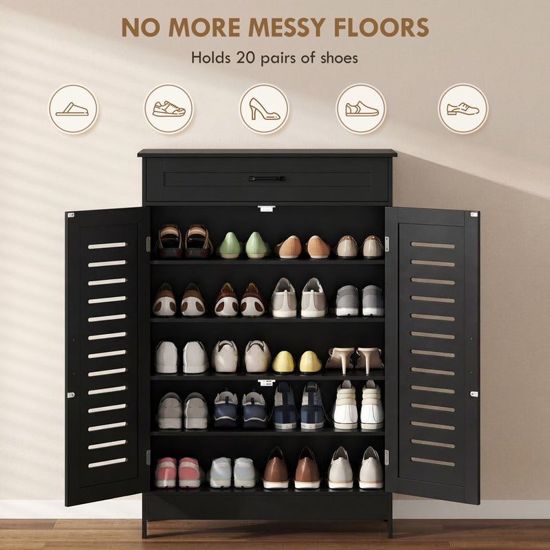 Black Shoe Storage Cabinet For Entryway with Louvered Doors Drawer and Adjustable Shelves 78x37x115cm Homcom