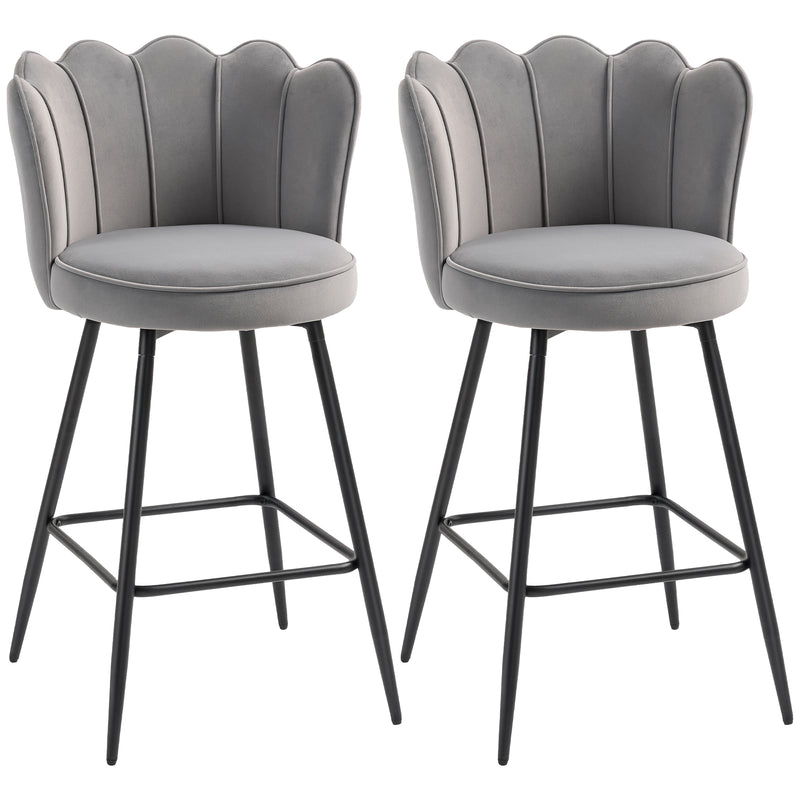 Set of 2 Velvet Bar Stools with Swivel Seats and Curved Backrest for Kitchen, Grey