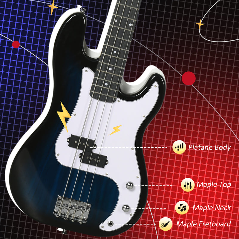 Electric Bass Guitar Starter Kit With Amplifier and Bag for Home Practice Blue Black