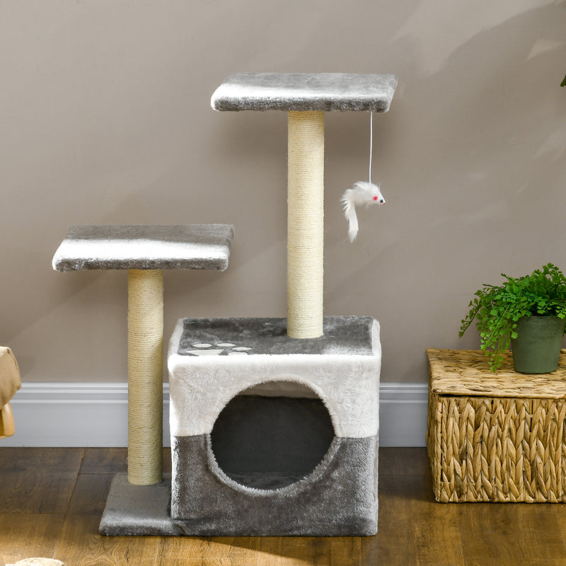 Multi Level Cat Tree with Sisal Scratching Posts Perches and Toy Mouse for Indoor Fun Grey