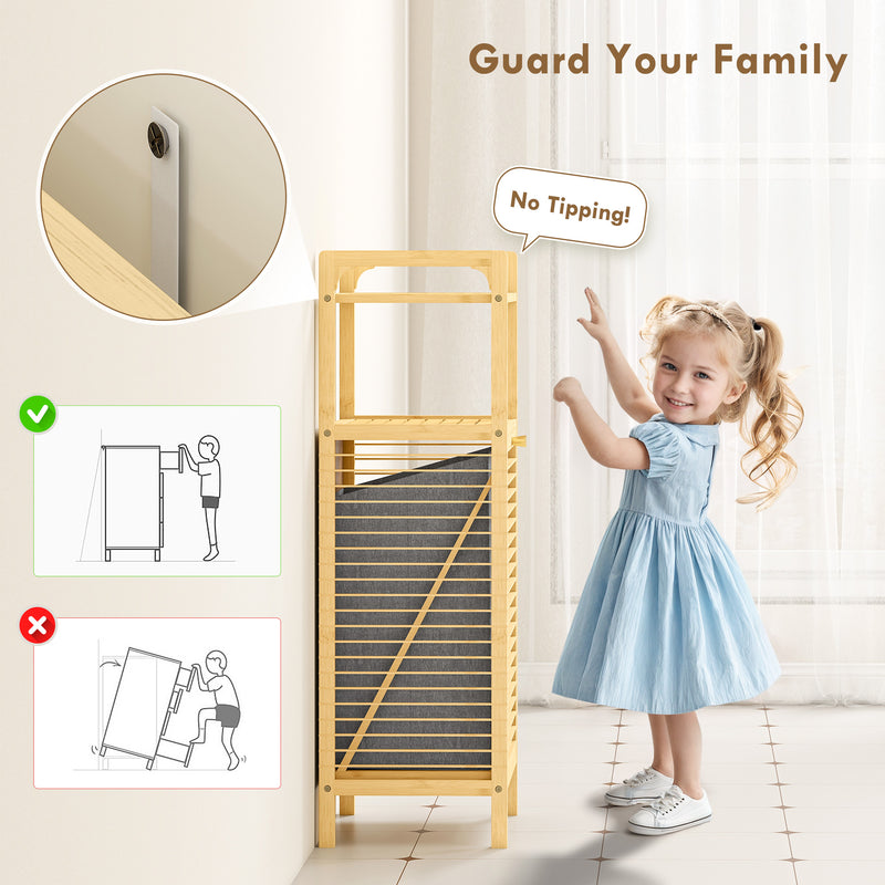 Bamboo Laundry Cabinet With Tilt Out Hamper Removable Liner Ideal For Bathrooms, Natural Wood