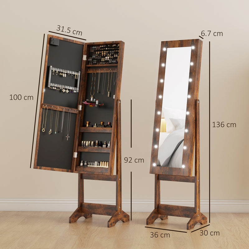 Freestanding Full Length Mirror Cabinet with LED Jewelry Storage and Adjustable Angle Rustic Brown