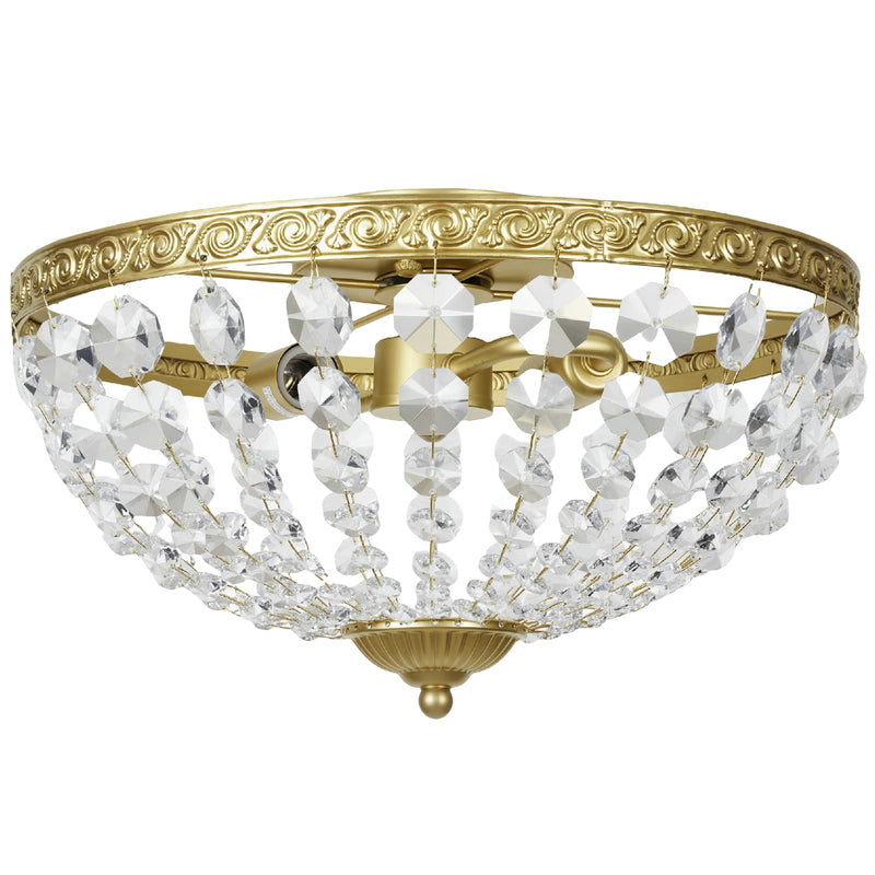 2 Light Flush Mount Crystal Chandelier with 168 Beads for Living Room or Bedroom, Gold Tone