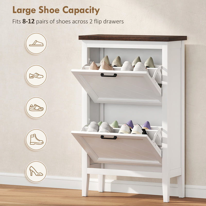 Slim Shoe Storage Cabinet for Hallway Organisation with Flip Drawers and Adjustable Shelves White Homcom