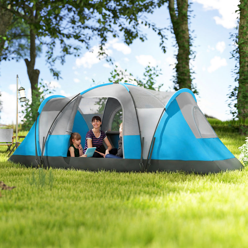 Family Tunnel Camping Tent With Groundsheet, Mesh Windows & Carry Bag, Light Blue