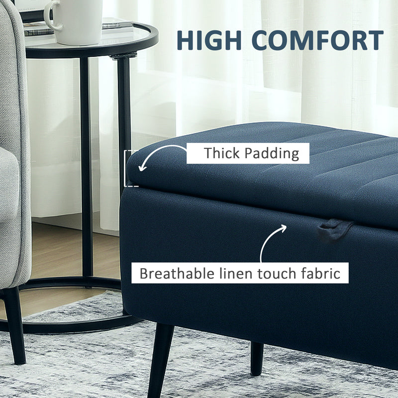 Linen Look Storage Ottoman Bench With Lift Up Lid For Living Room Or Bedroom Dark Blue
