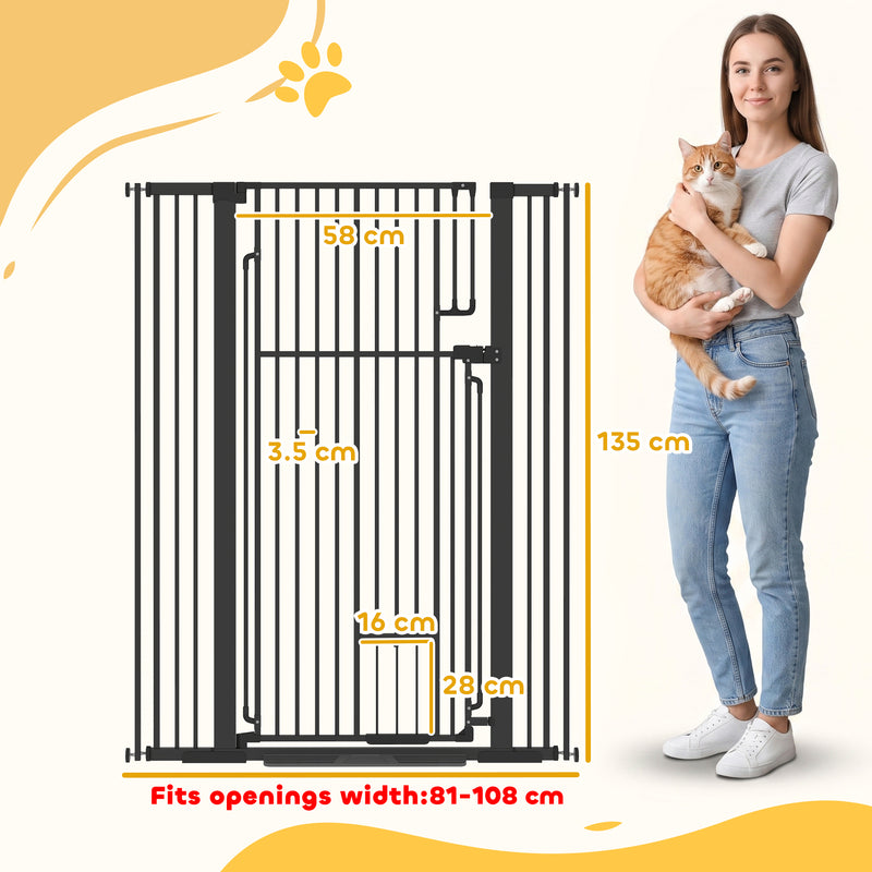 Extra Tall Dog Gate With Cat Door For Wide Doorways And Stairs Pressure Mounted Black