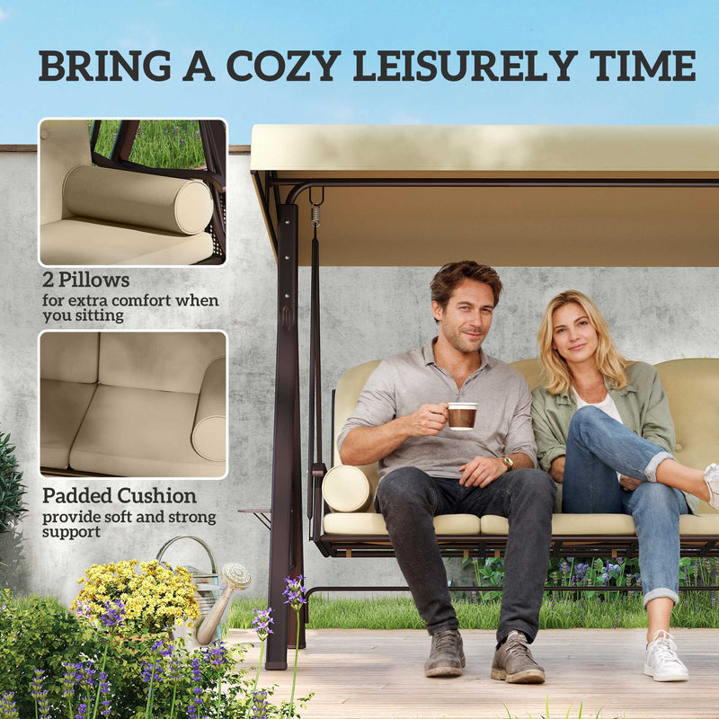 Patio Swing - 3 Seater Garden Swing Chair With Tilting Canopy For Patio Or Lawn Relaxing, Brown