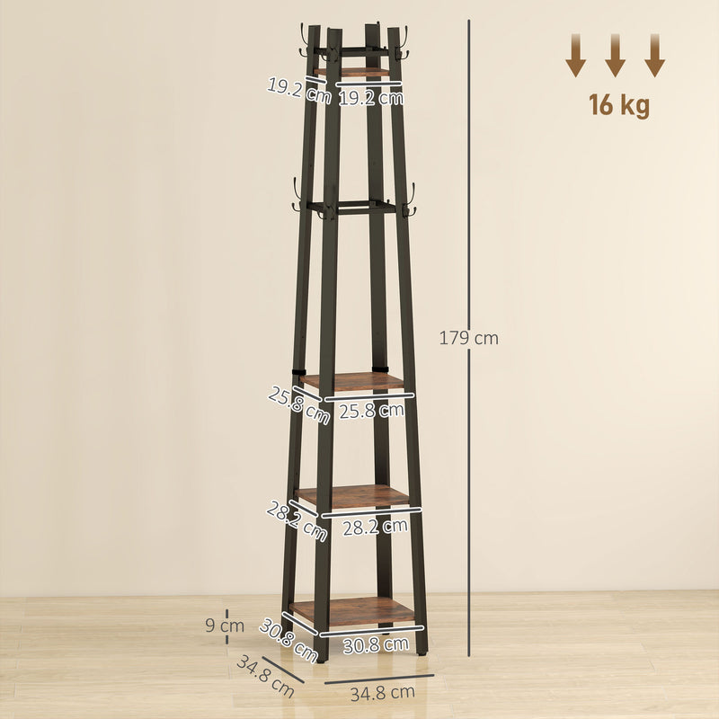 Industrial Coat Stand with 8 Hooks and 4 Storage Shelves for Hallway Organisation, Rustic Brown
