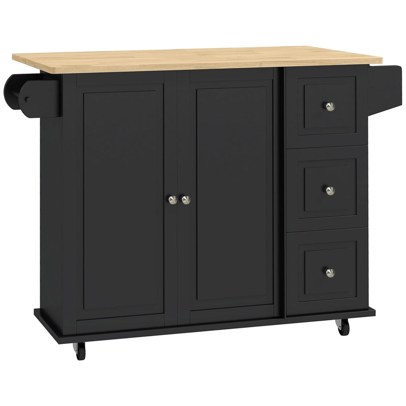 Kitchen Island with Drop-Leaf Tabletop and Storage Drawers for Extra Prep Space Black