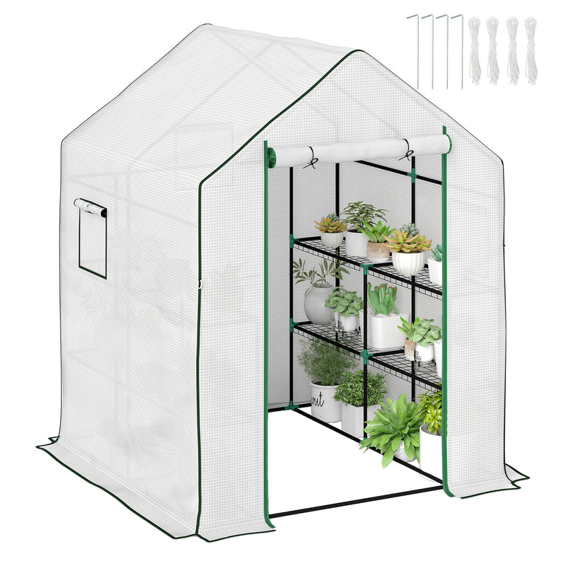 Mini Walk In Greenhouse 143 x 140cm with Shelves and Cover White by Outsunny